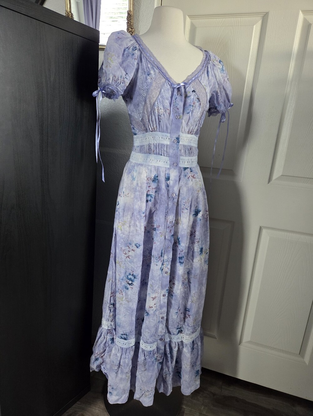 Anthropologie Lace Fairytale Milkmaid Soft Blue Purple Pastel Midi Dress Cottage